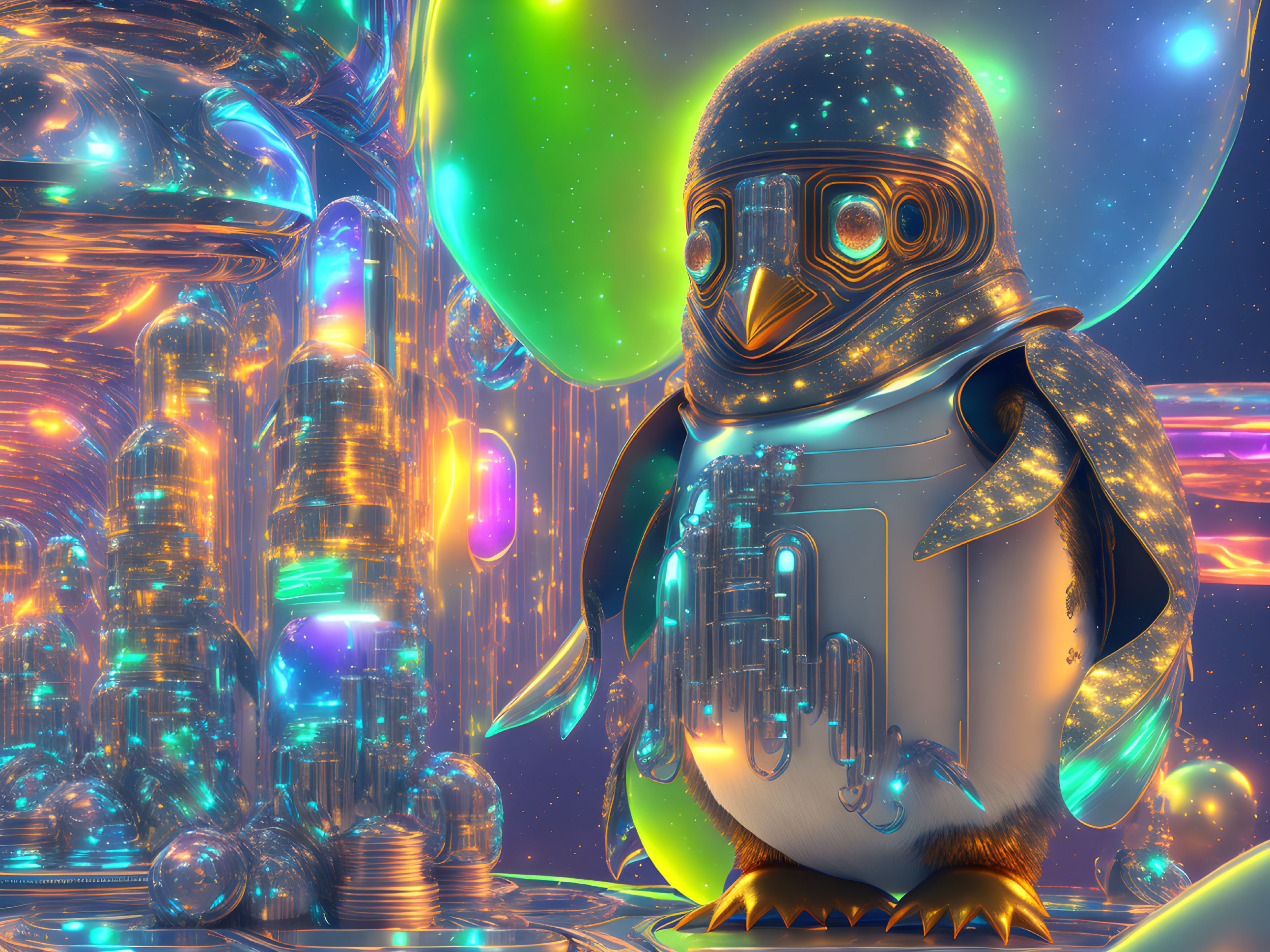 Futuristic robotic penguin in neon-lit cityscape