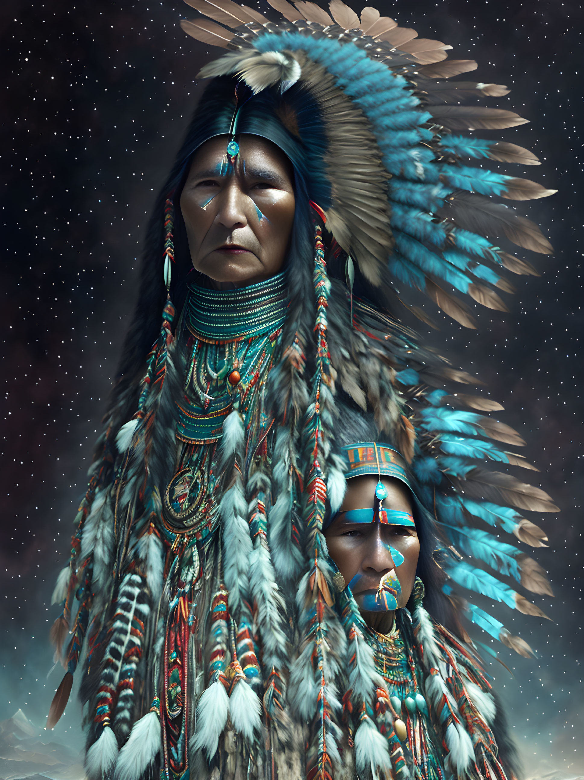 Native American individuals in regalia with feathered headdresses under starry sky