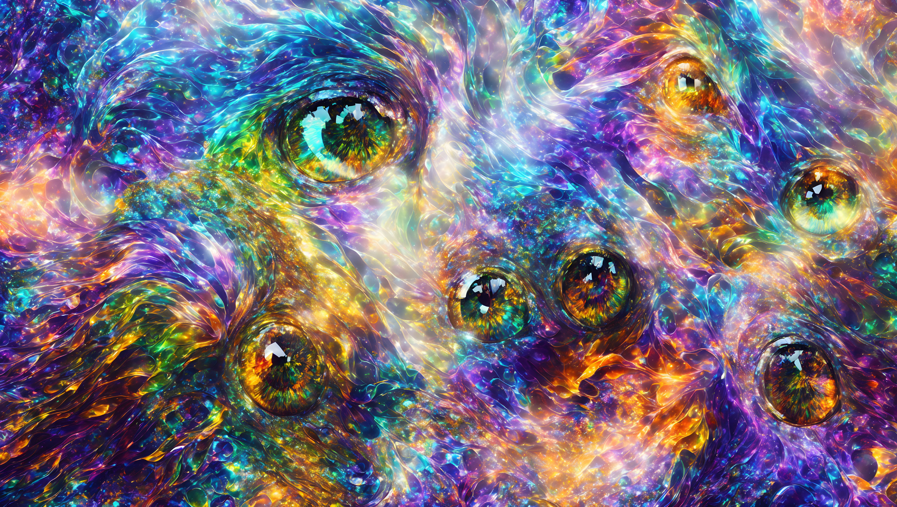 Colorful Digital Artwork: Multiple Eyes in Cosmic Nebula Patterns