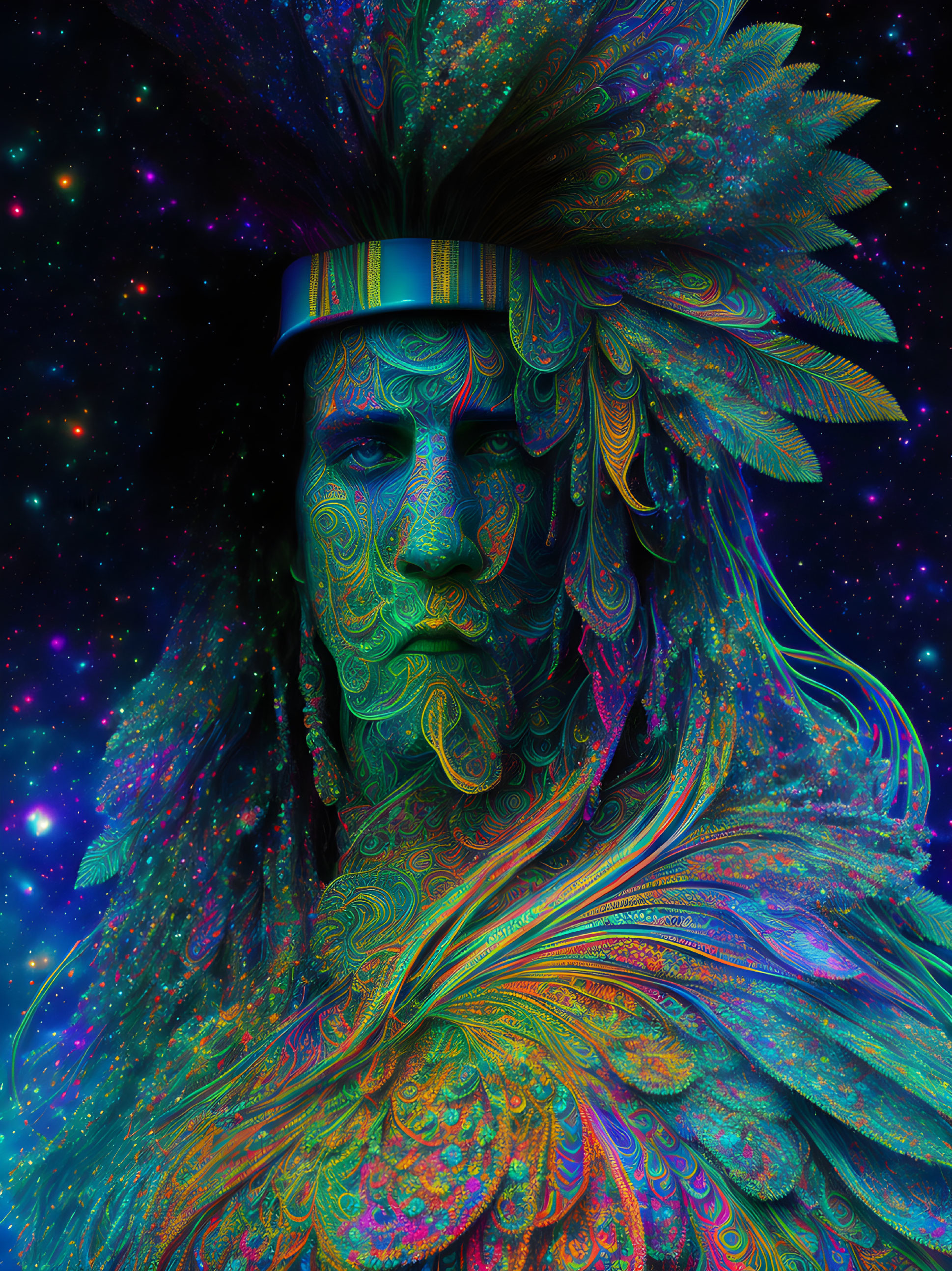 Vibrant portrait with feather headdress on starry space backdrop