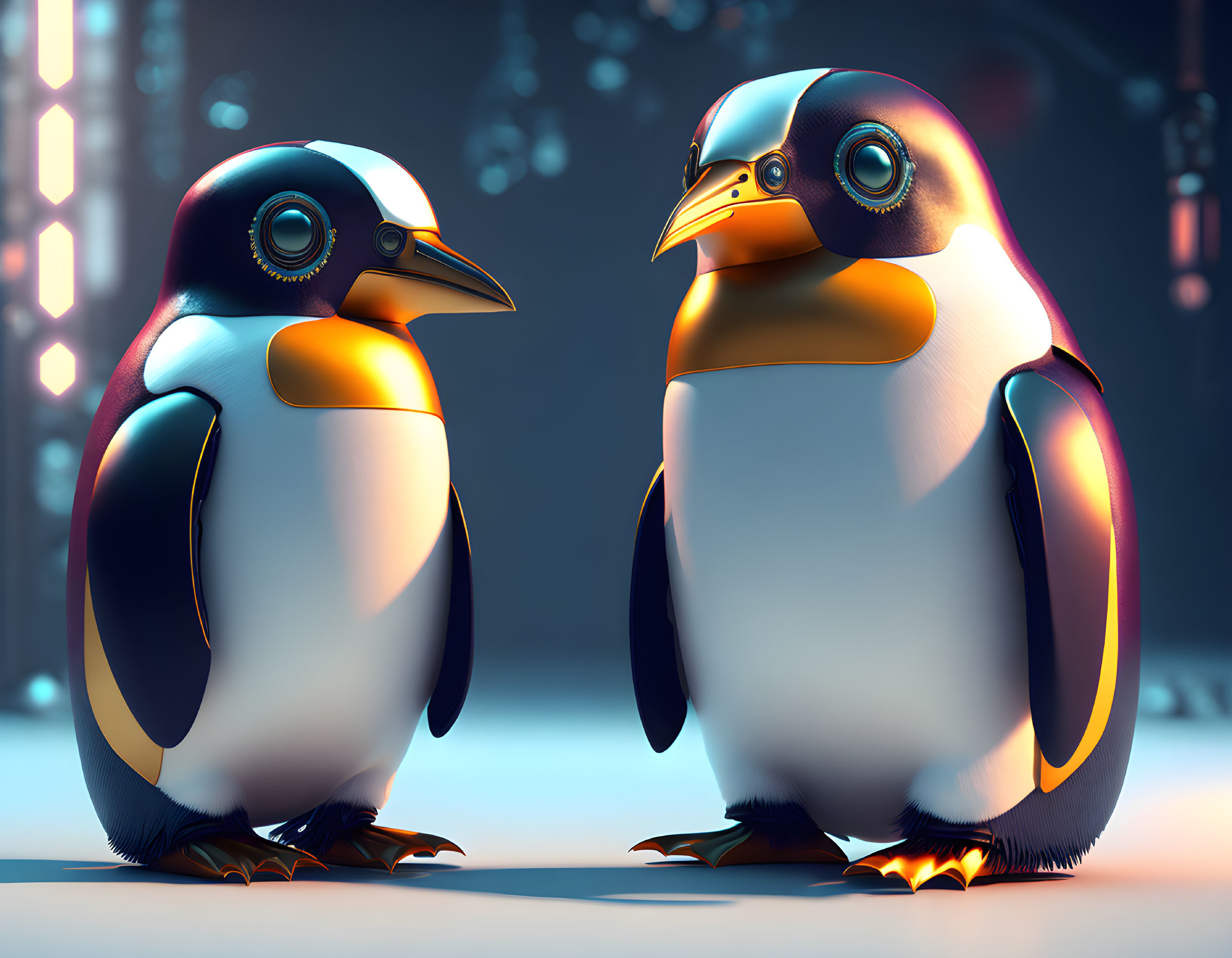 Colorful stylized robotic penguins on digital backdrop