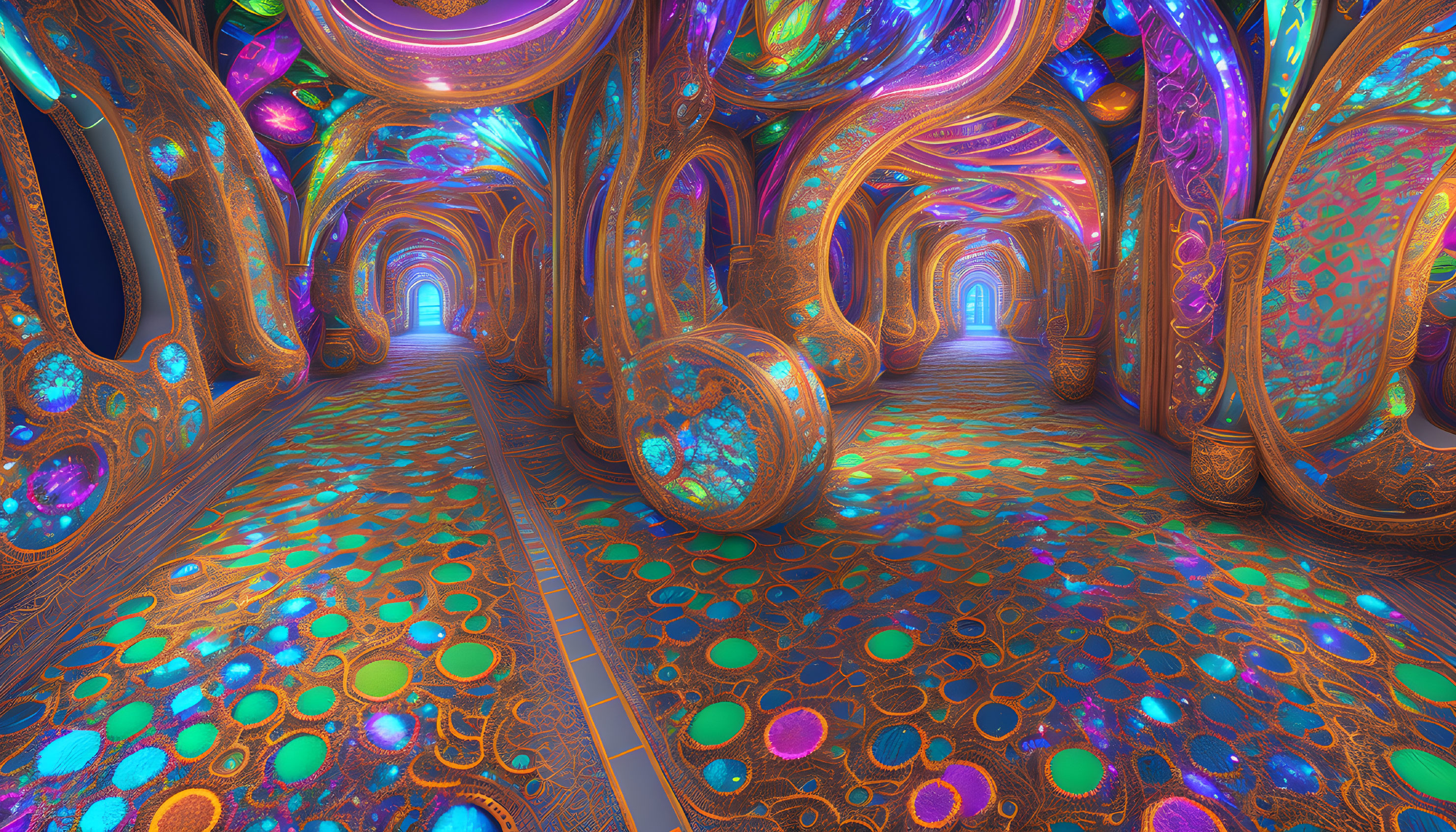 Colorful fractal corridor with swirling patterns and luminous orbs