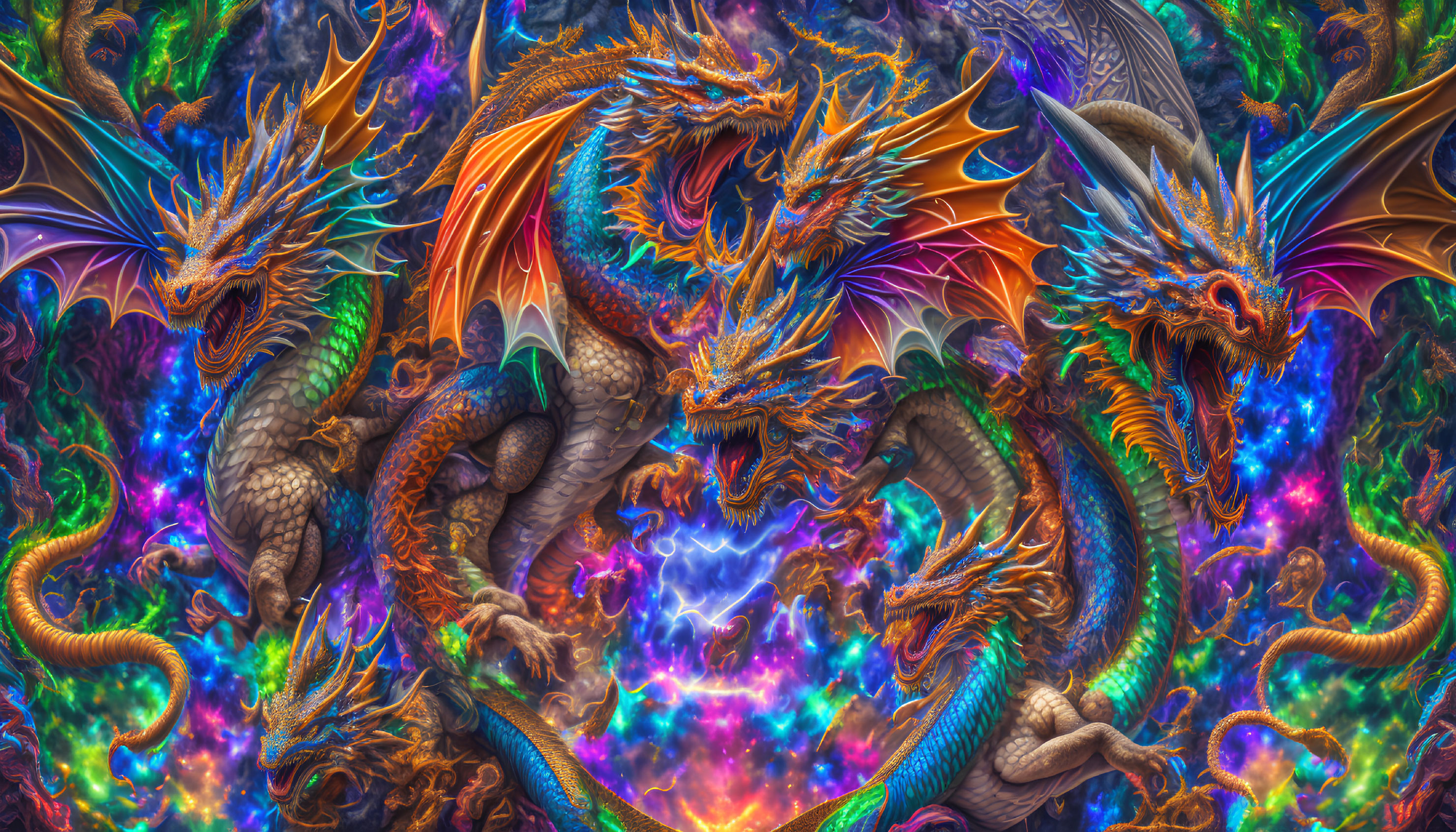 Colorful Dragon Artwork Against Cosmic Background