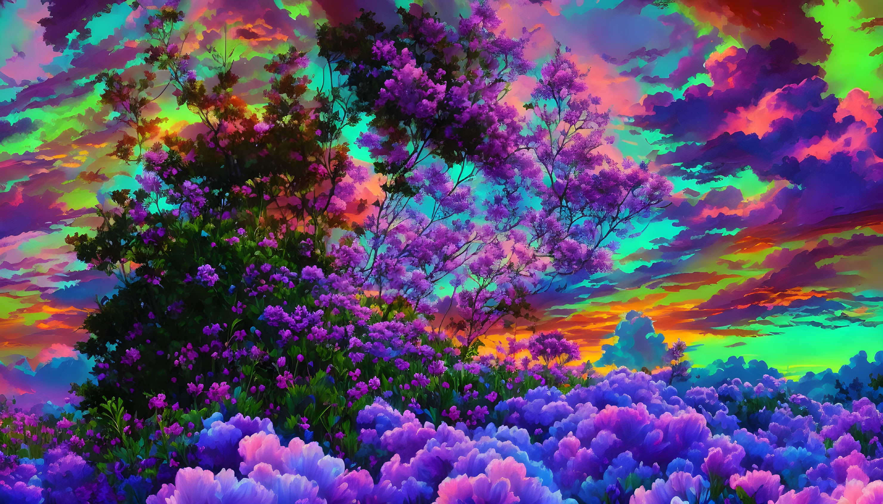 Colorful purple trees under vibrant pink, blue, and orange sky at sunrise or sunset