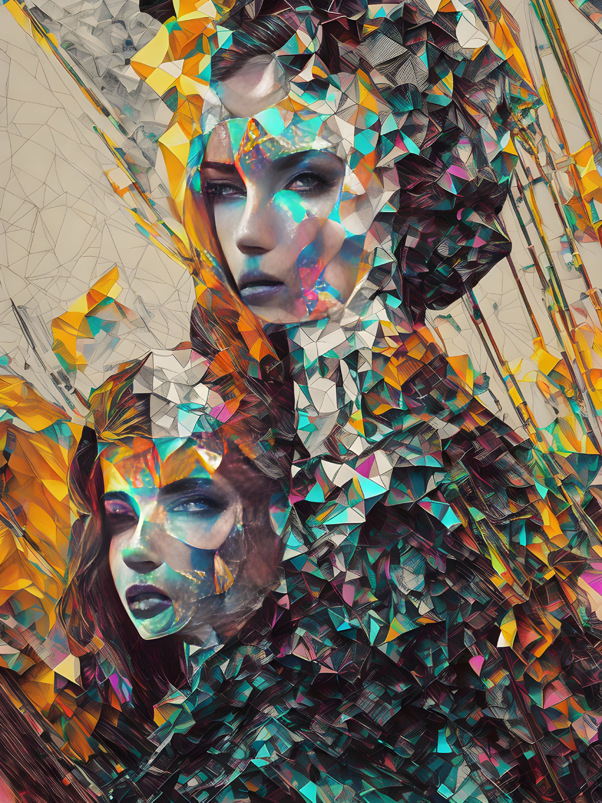 Colorful geometric design overlaying female figure in abstract digital art