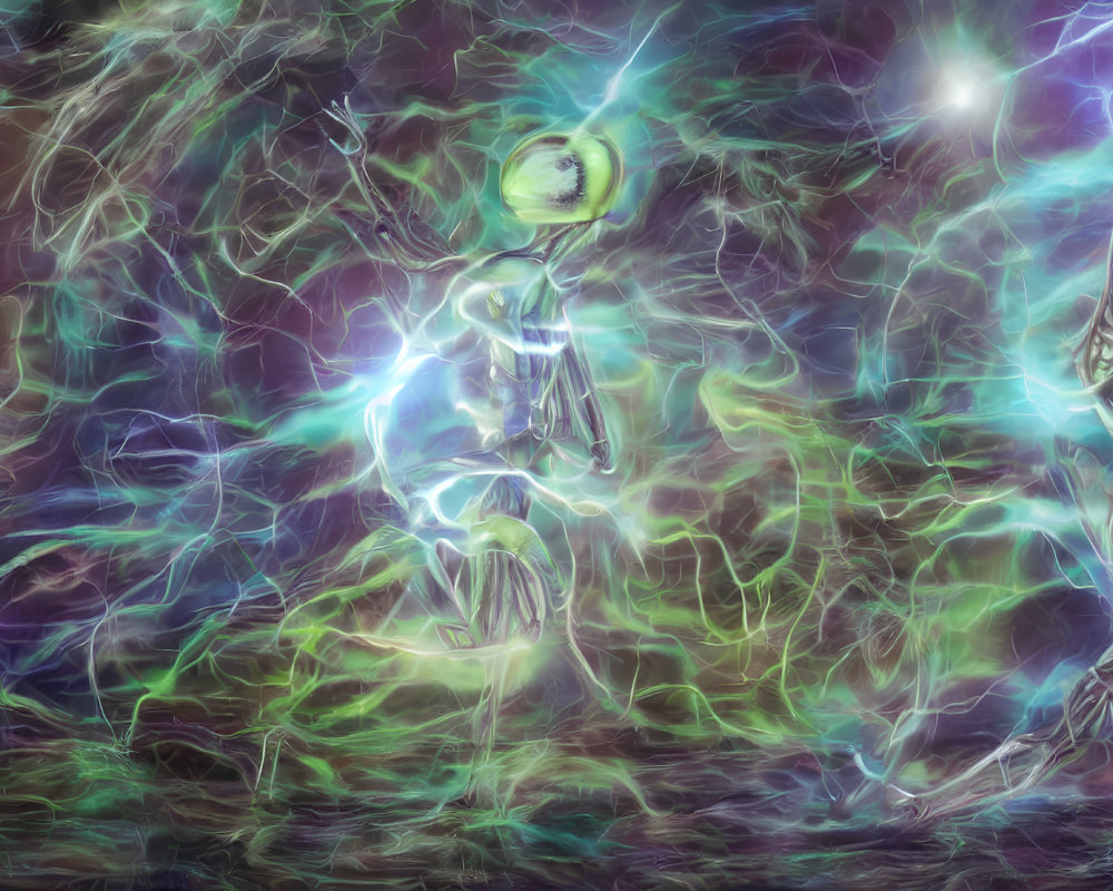 Ethereal light figures in cosmic-themed digital art