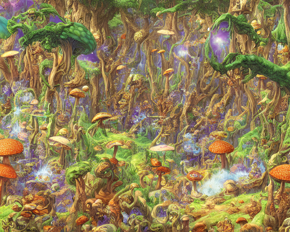 Colorful Fantastical Forest with Oversized Mushrooms and Twisted Trees