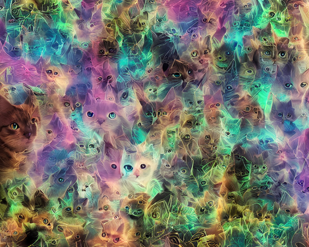 Vibrant Psychedelic Artwork with Multiple Cat Faces