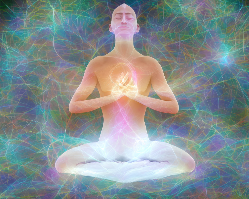 Digital illustration: Person meditating with glowing chakras in vibrant, abstract energy scene