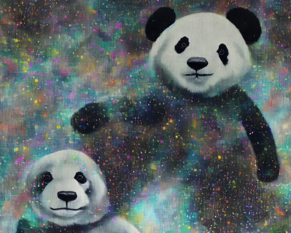 Two panda bears in vibrant cosmic setting