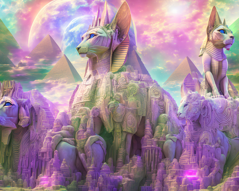 Surreal digital artwork: stylized sphinxes, intricate patterns, Great Pyramids