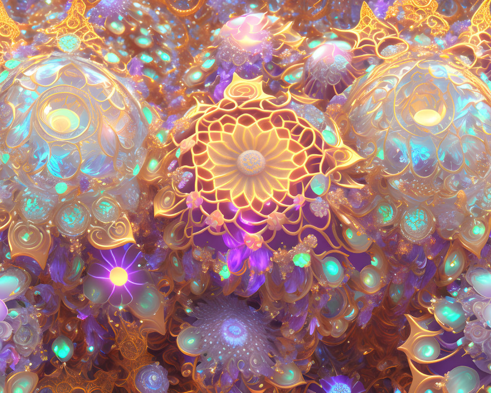 Colorful fractal image with gold, purple, and blue patterns and symmetrical shapes.