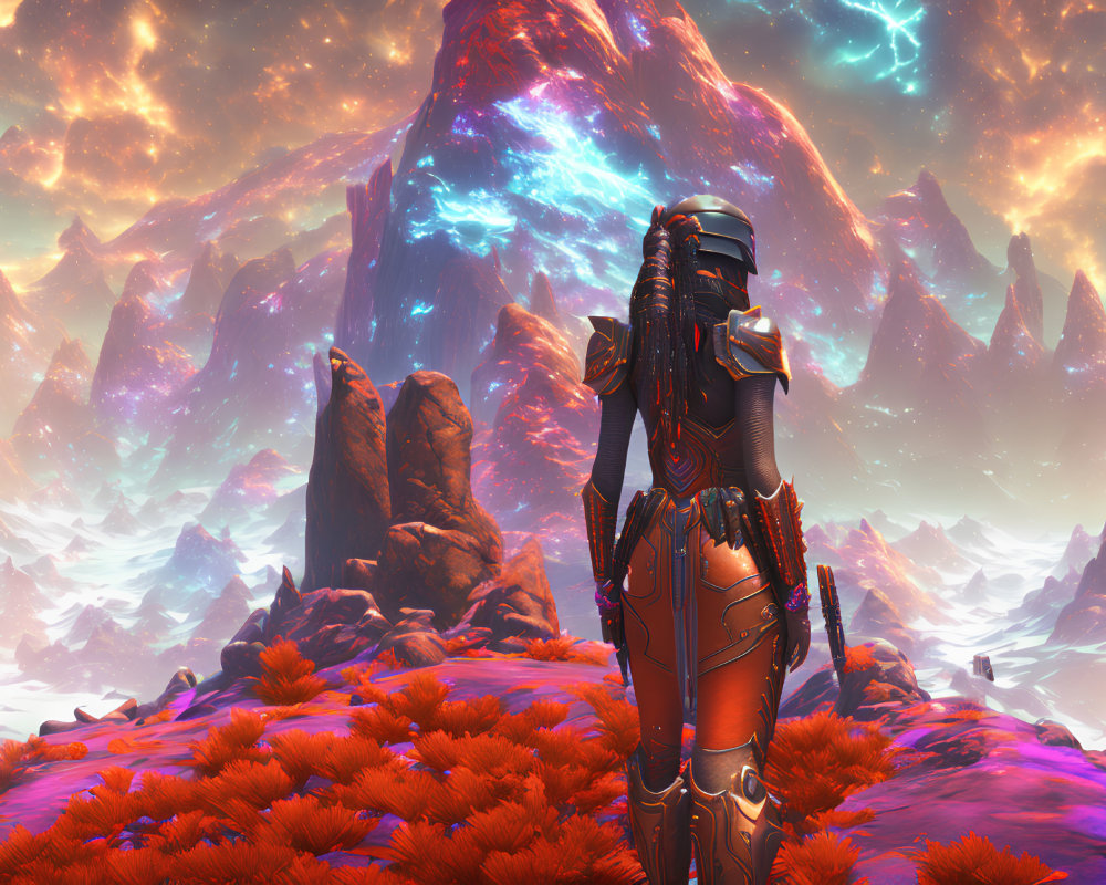 Futuristic armored figure in neon alien landscape with crimson flora