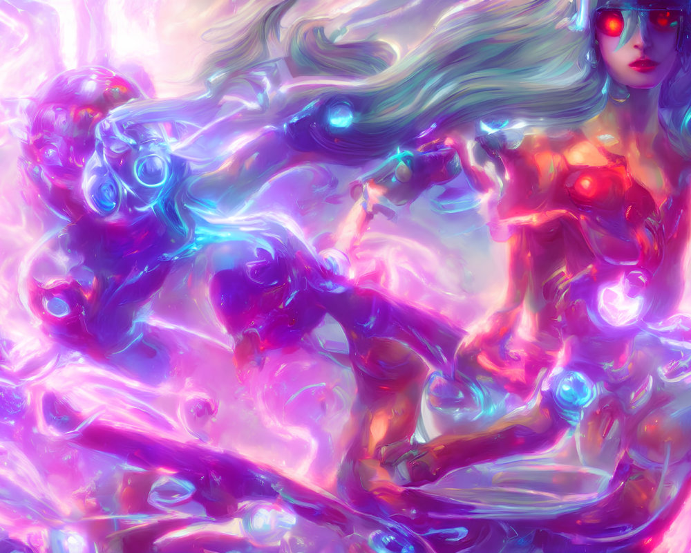 Colorful artwork of woman with flowing hair and futuristic goggles in pink and purple ambiance.