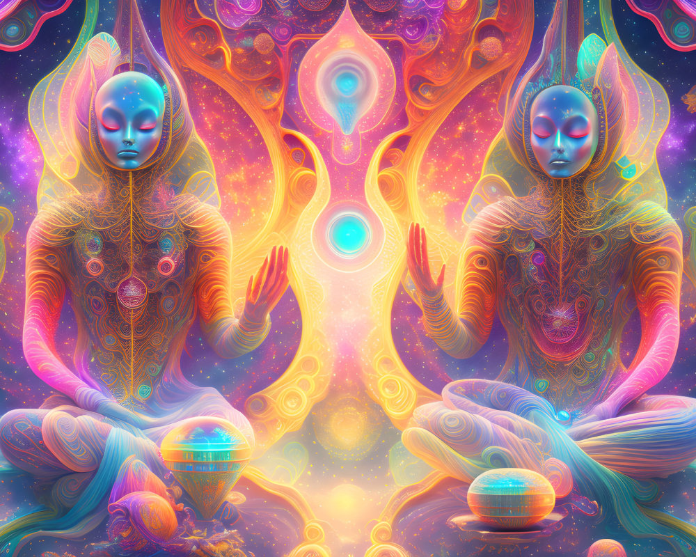 Symmetrical, Vibrant Artwork with Meditative Figures and Cosmic Elements