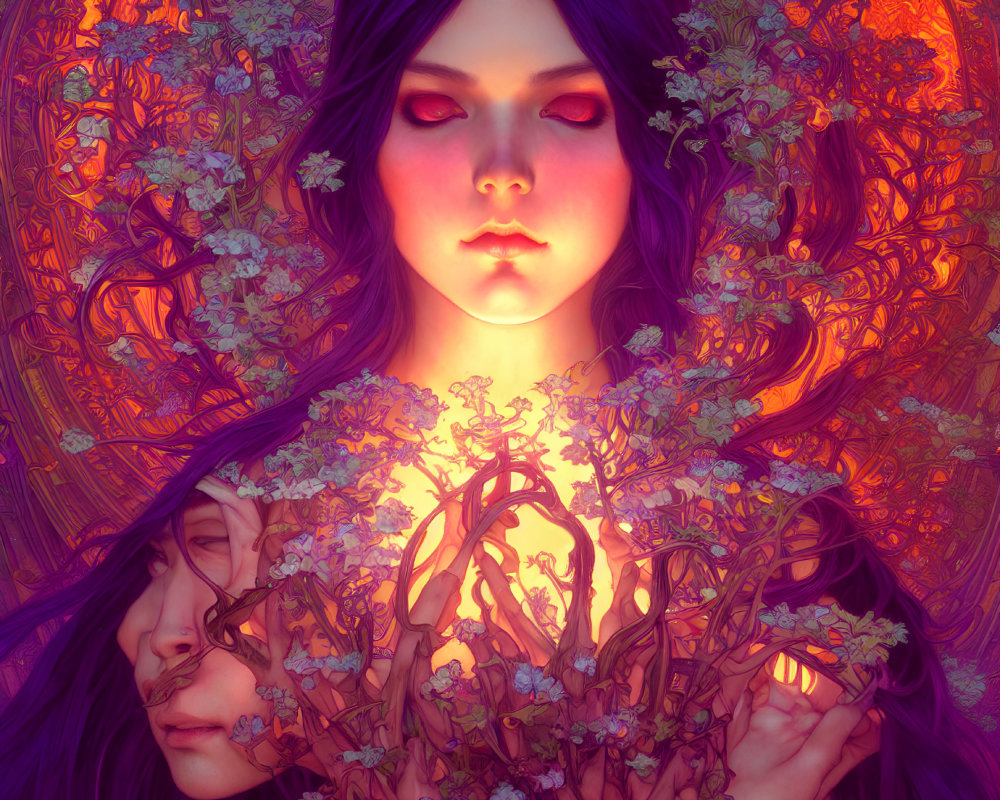 Vivid illustration of person with purple hair and glowing hands amidst intricate floral patterns