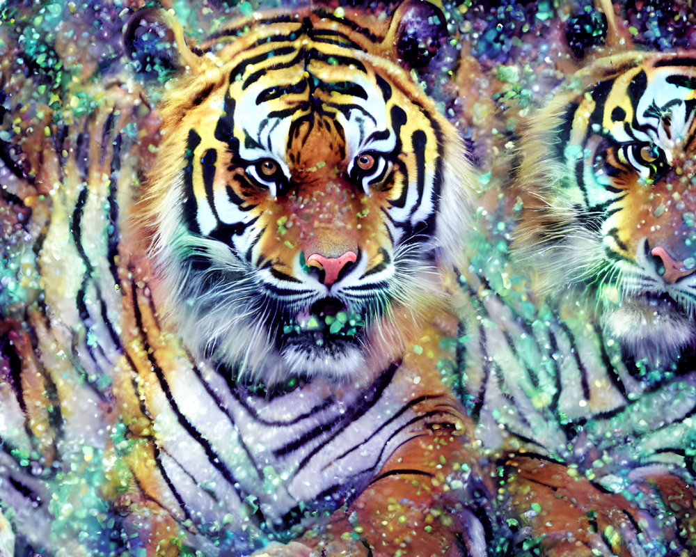 Cosmic-inspired digital art of two tigers in nebula background