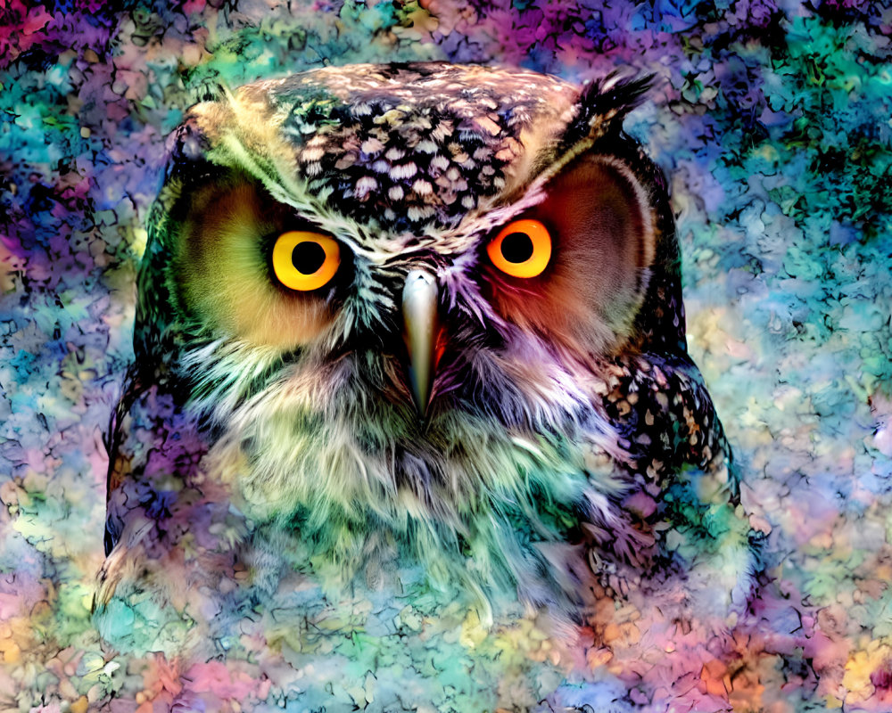 Colorful Close-Up of Owl with Yellow Eyes on Textured Background