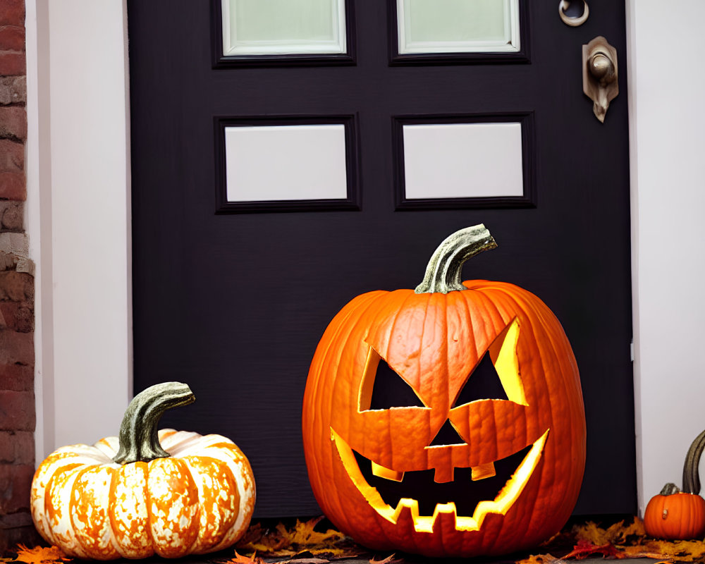 Carved pumpkin with glowing face among autumn leaves and black door