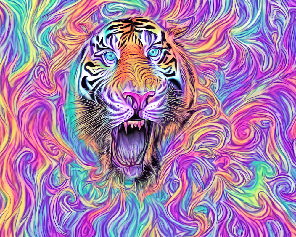 Colorful Tiger Face Painting with Psychedelic Abstract Patterns