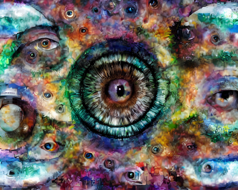 Vibrant surreal artwork: central realistic eye surrounded by various eyes in cosmic setting