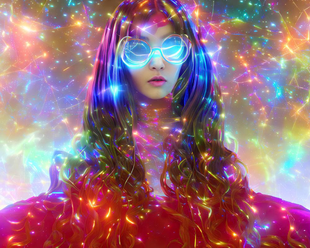 Colorful digital artwork: Person with glowing hair and sunglasses on neon background