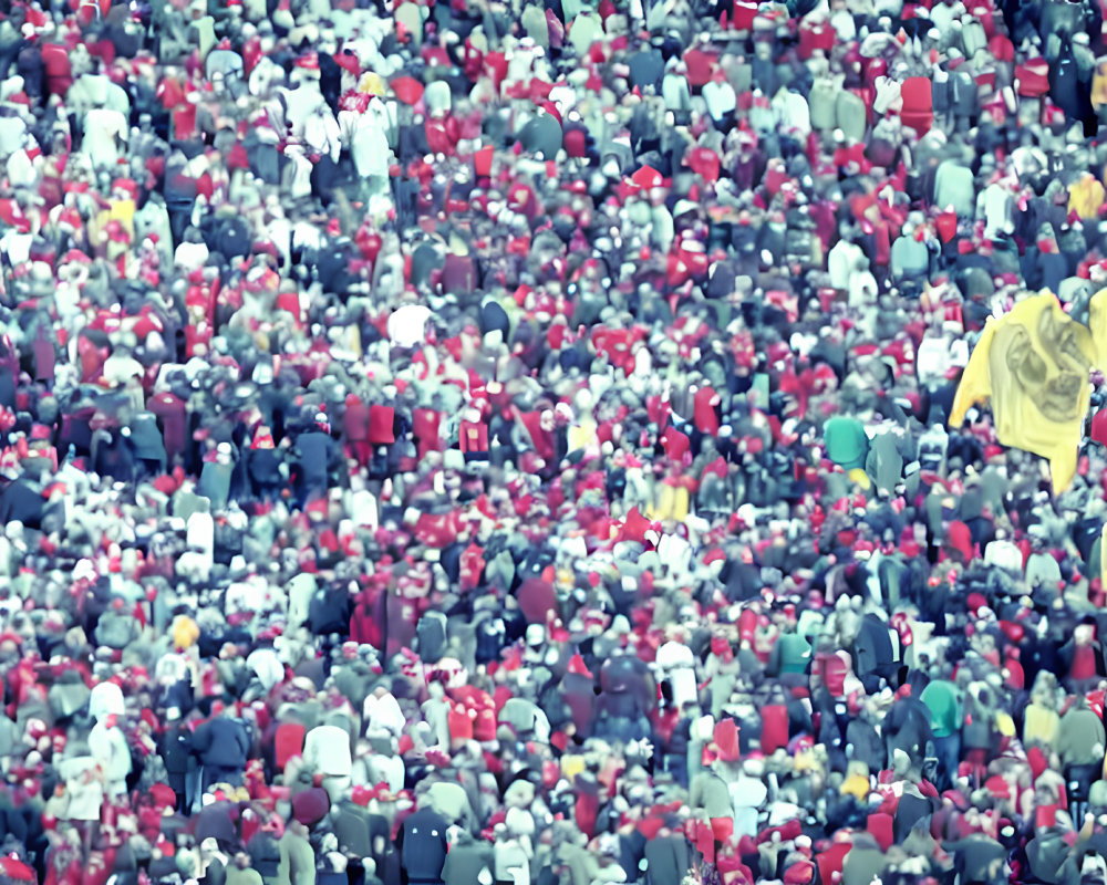 Crowd of people in red and yellow raincoats from afar