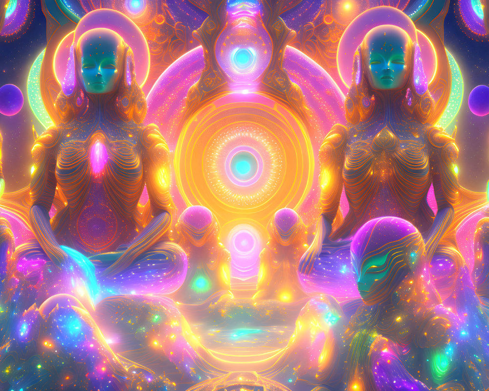 Symmetrical alien-like female figures in vibrant, cosmic digital artwork