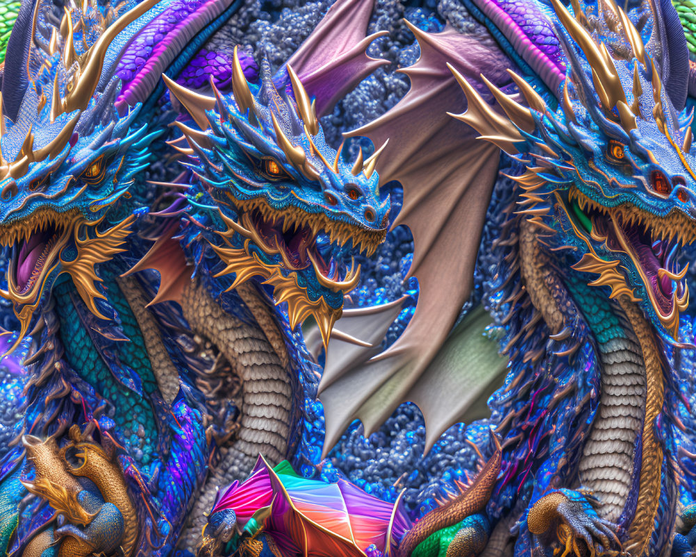 Detailed digital artwork of twin blue dragons in symmetrical fantasy design