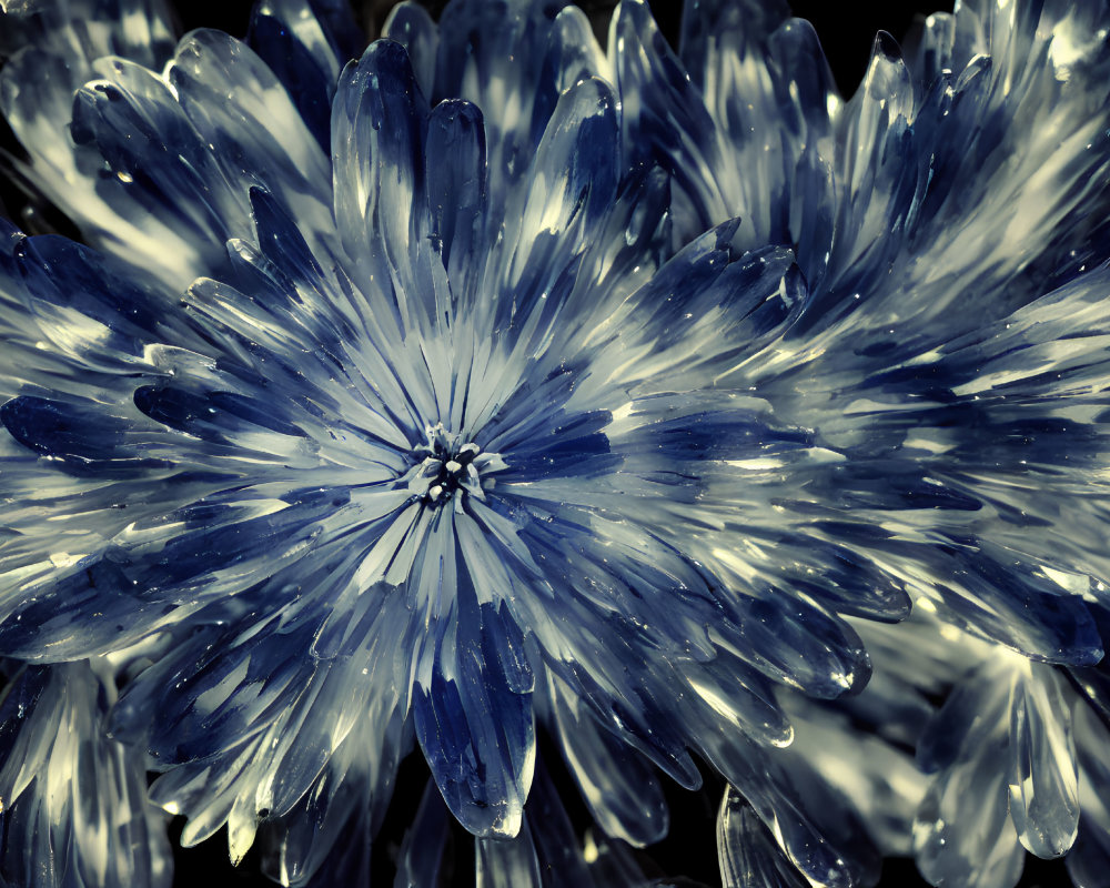 Monochrome close-up of blue-tinted flowers showcasing intricate petal details