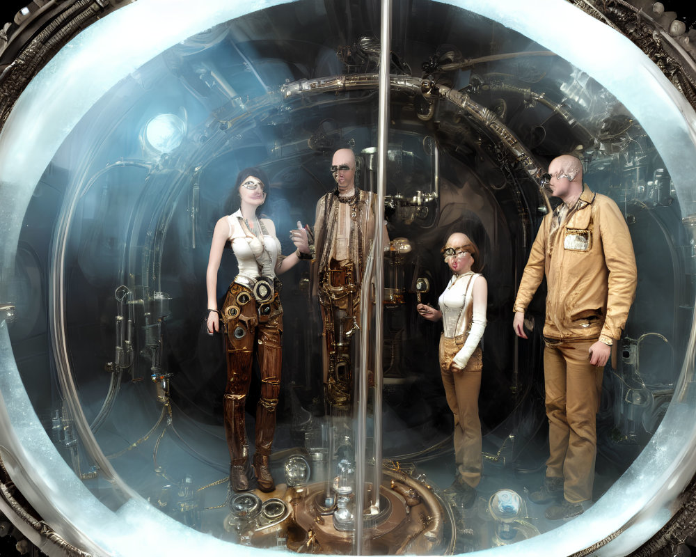 Four individuals in steampunk attire in circular glass chamber with mechanical backdrop