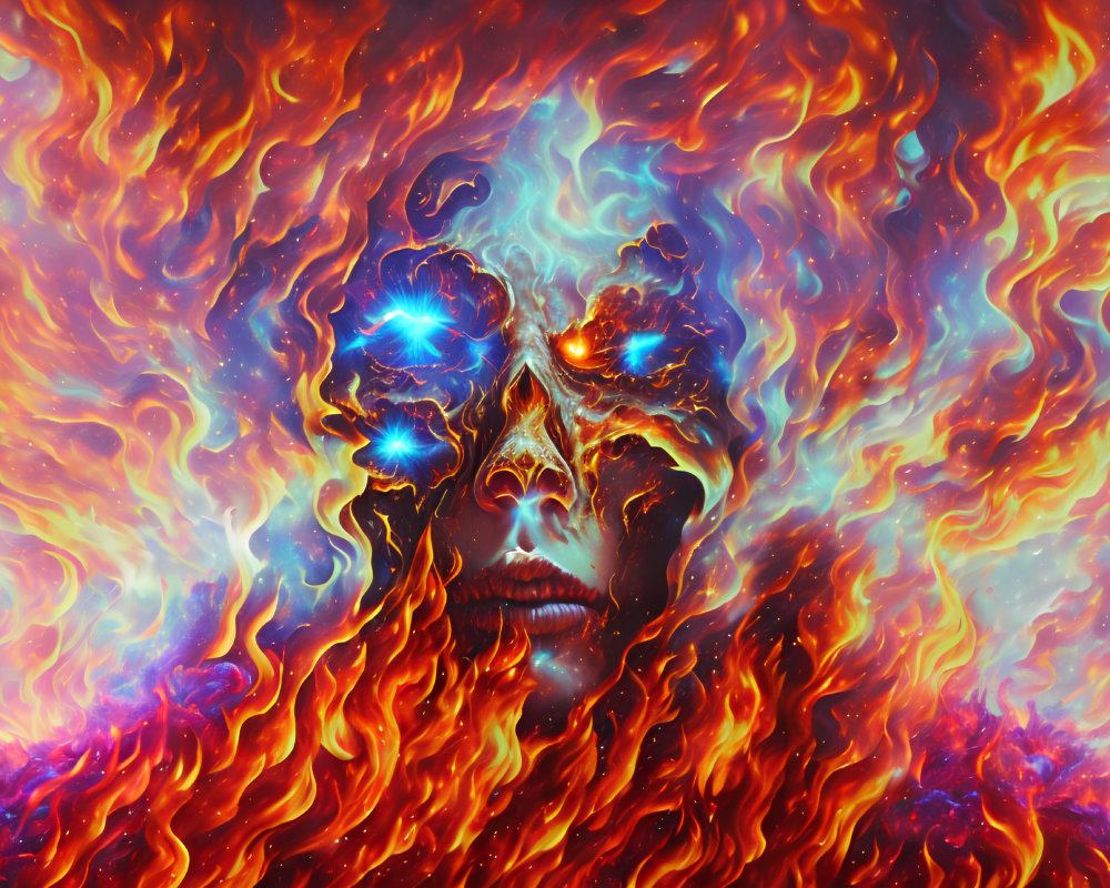 Digital artwork: Face in flames with cosmic eyes