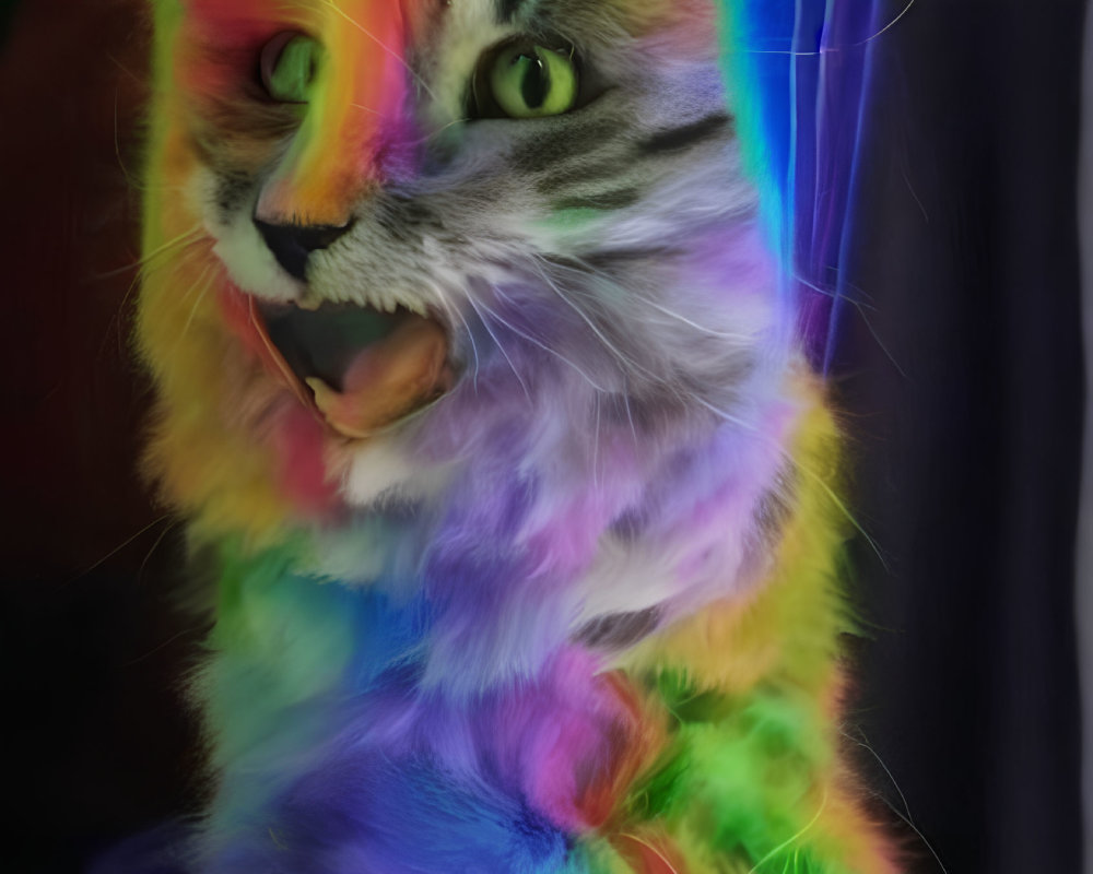 Rainbow-colored cat with vivid fur overlay.