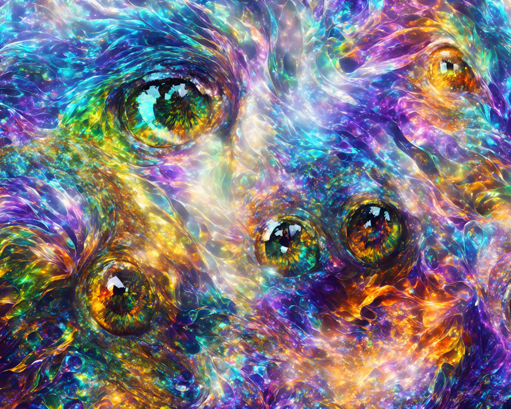 Colorful Digital Artwork: Multiple Eyes in Cosmic Nebula Patterns