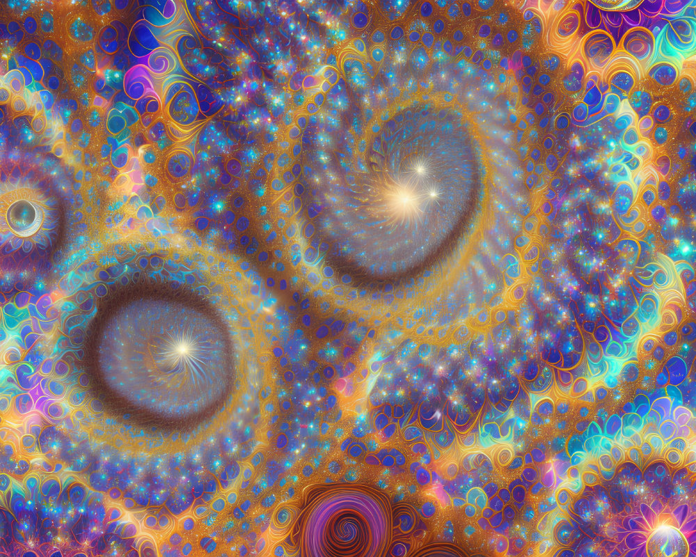 Colorful Fractal Image with Heart-like Shapes in Blue, Orange, Purple