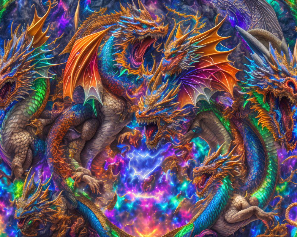 Colorful Dragon Artwork Against Cosmic Background