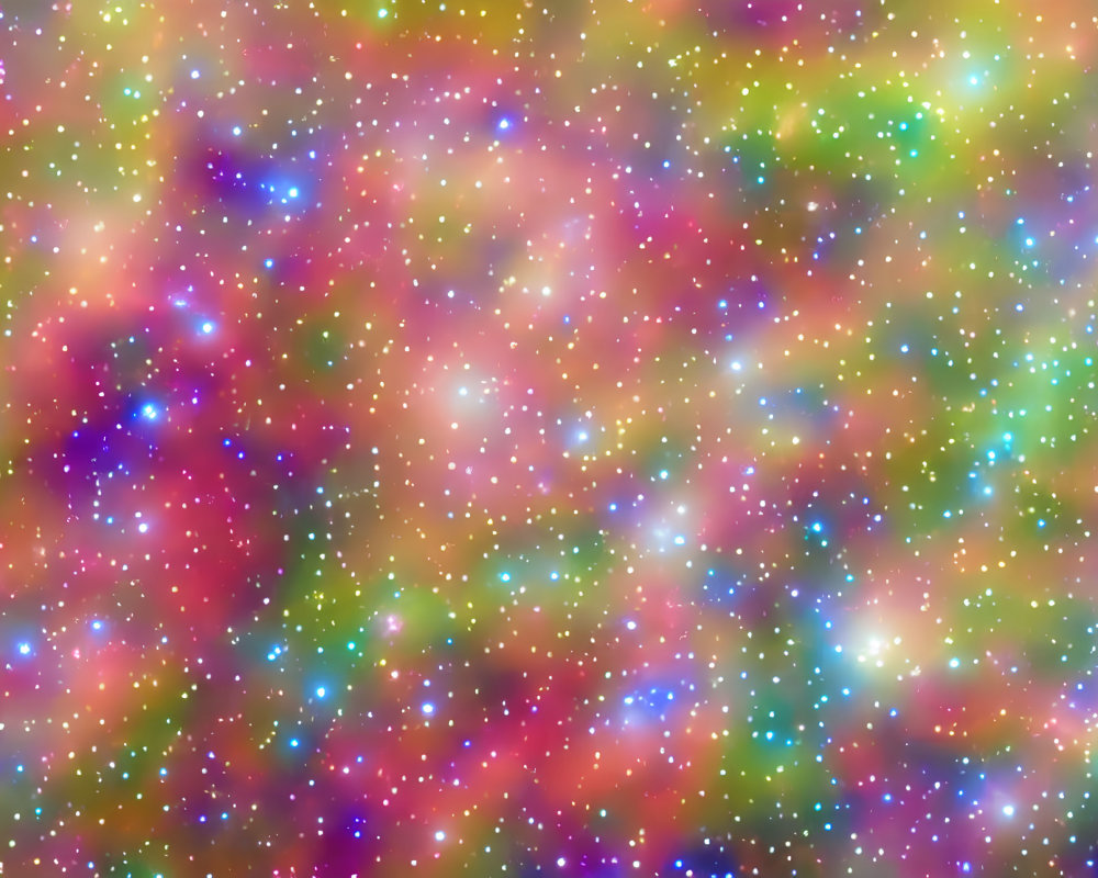 Multicolored space nebula with stars in pink, blue, green, and yellow