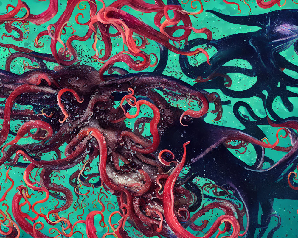 Detailed Red and Black Octopus Entwined with Blue Marlin in Vibrant Underwater Scene