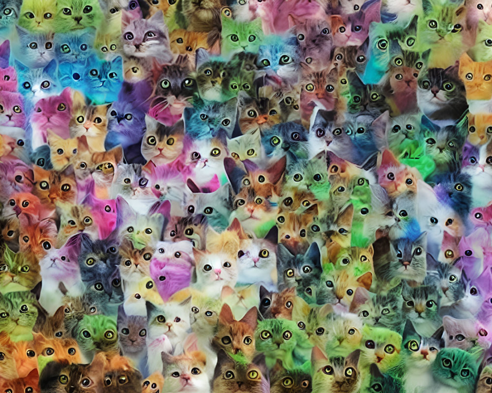 Colorful Collage of Diverse Cat Faces in Various Expressions