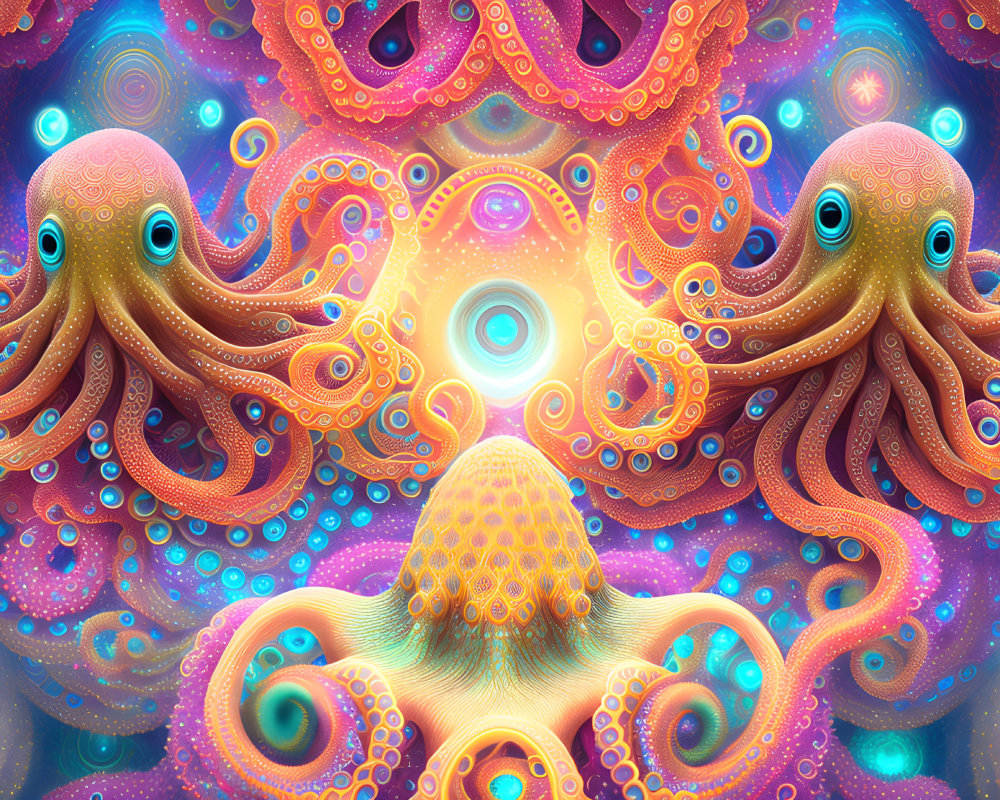 Colorful digital artwork: Two stylized octopuses in intricate patterns amid psychedelic swirls.