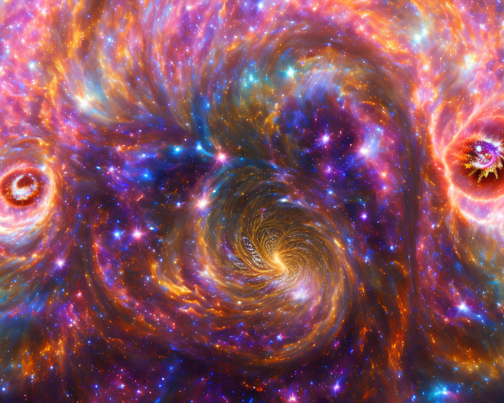 Colorful swirling galaxies and stars in vibrant space scene.