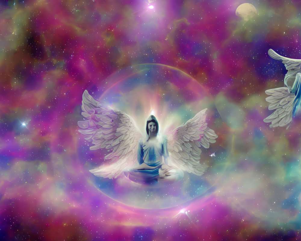 Celestial digital artwork: meditating figure with wings in bubble, surrounded by angelic statues, stars