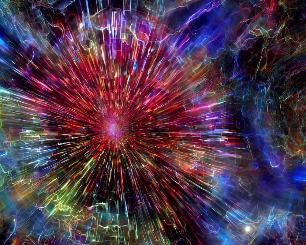 Colorful digital art: Abstract cosmic energy burst with vibrant light streams