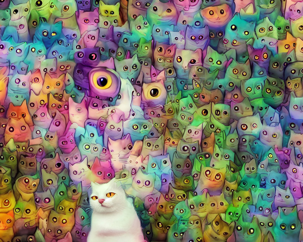 White Cat Surrounded by Whimsical Creatures on Colorful Background