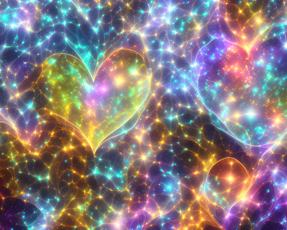 Neon hearts connected by electric lines on cosmic background