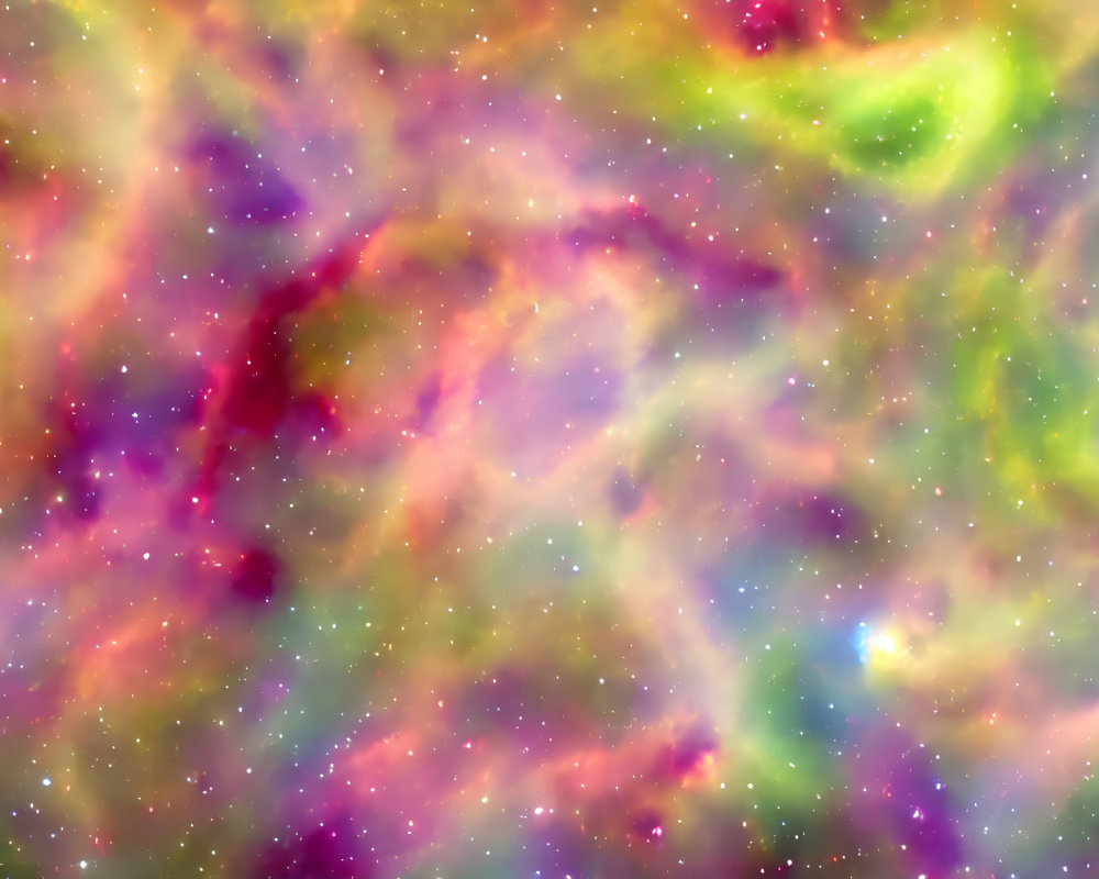 Colorful Nebula Image with Swirling Purple, Pink, Green, and Yellow Hues