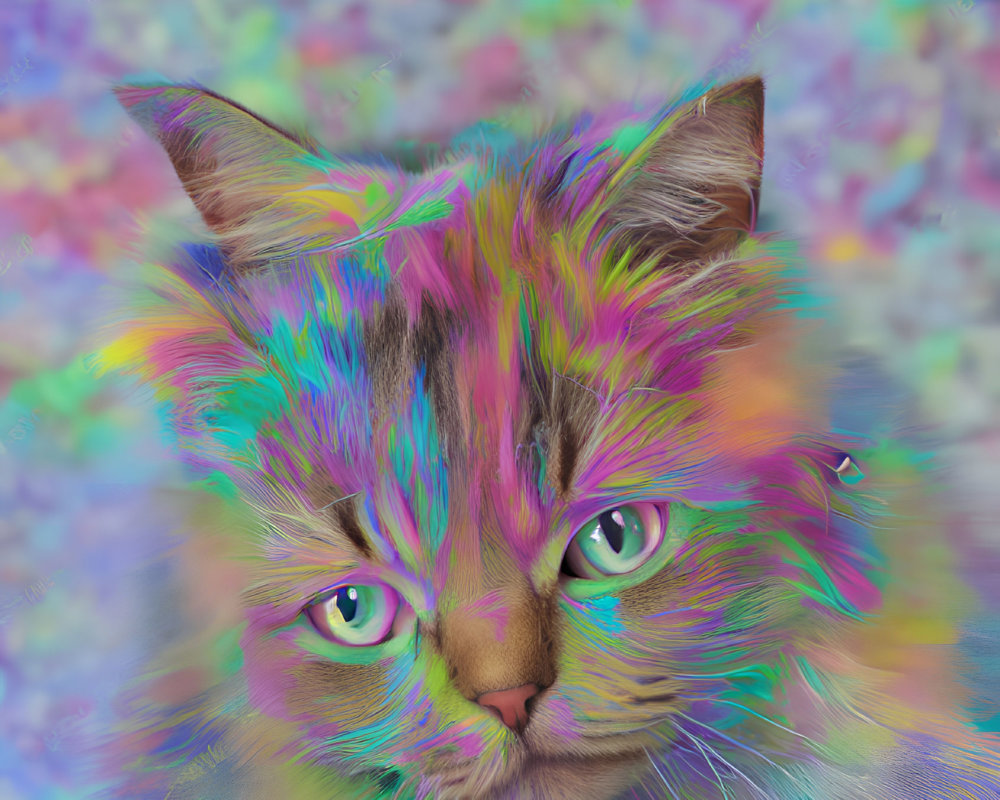 Multicolored cat with pink, blue, and green fur and intense green eyes