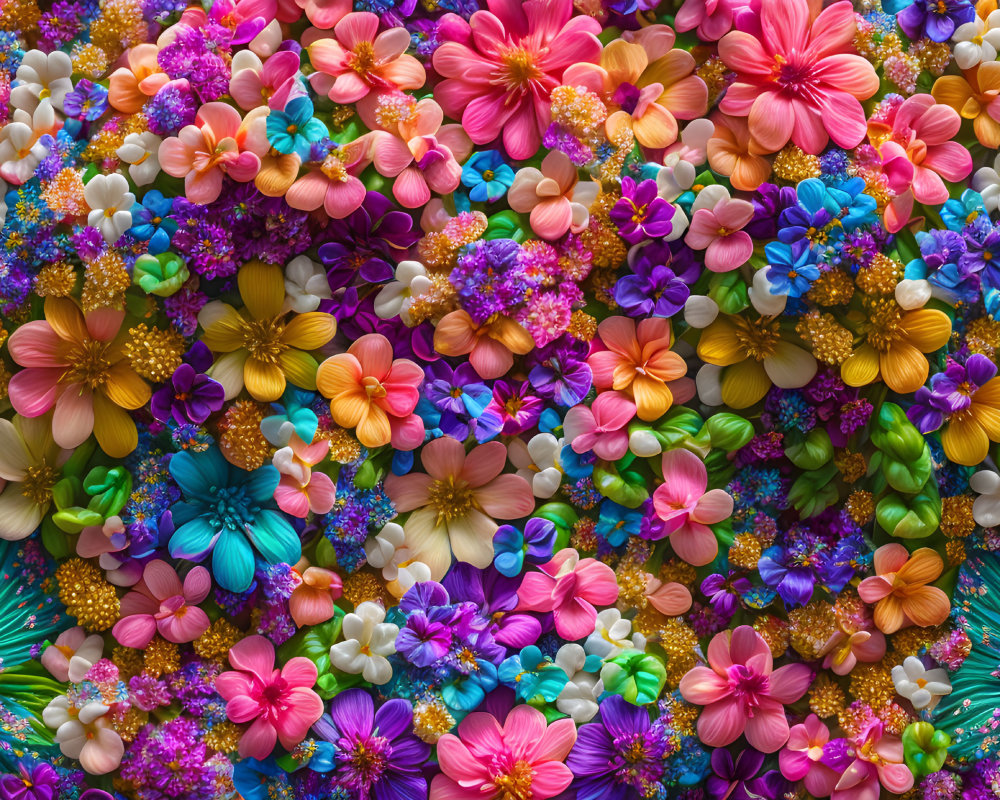 Colorful Close-Up of Various Flowers in Pinks, Blues, Yellows, and Purp