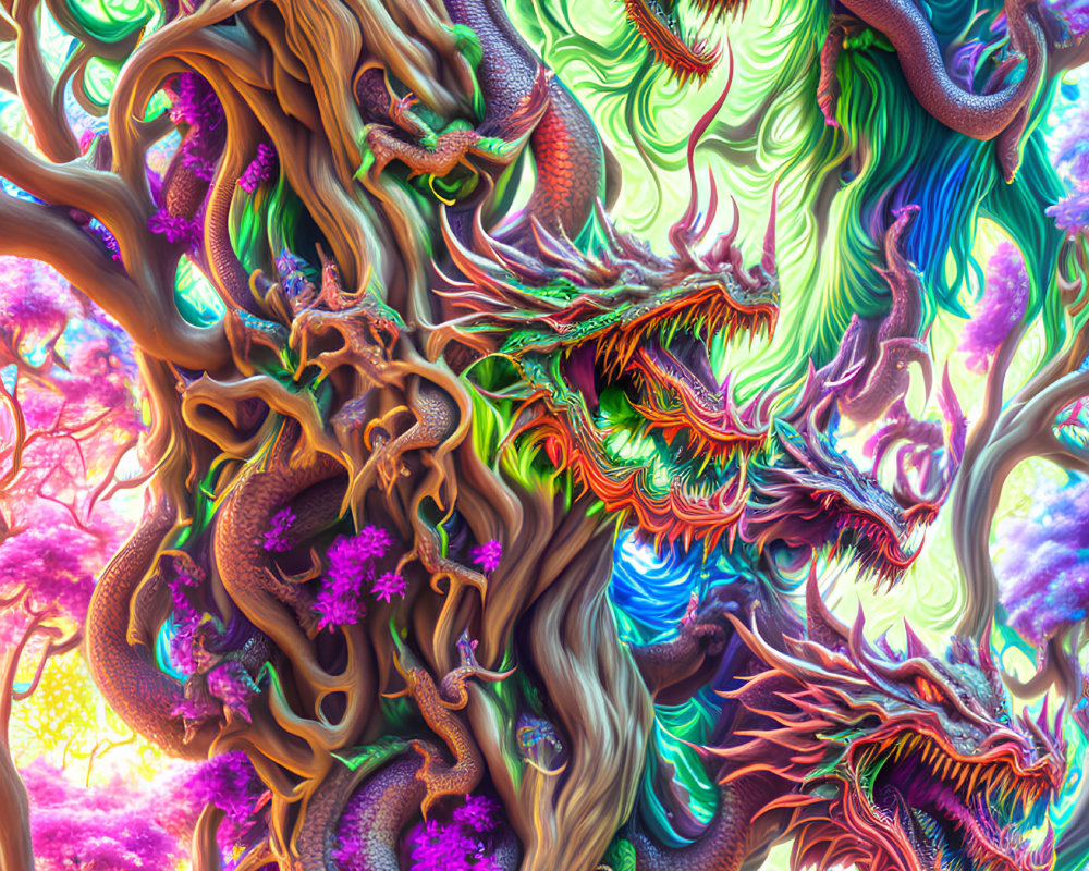 Colorful Psychedelic Artwork: Intertwining Tree Roots and Swirling Patterns