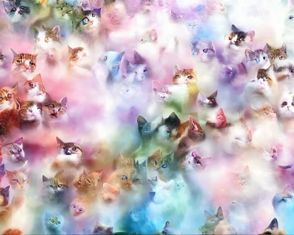 Multicolored cat faces collage on pastel cloud background